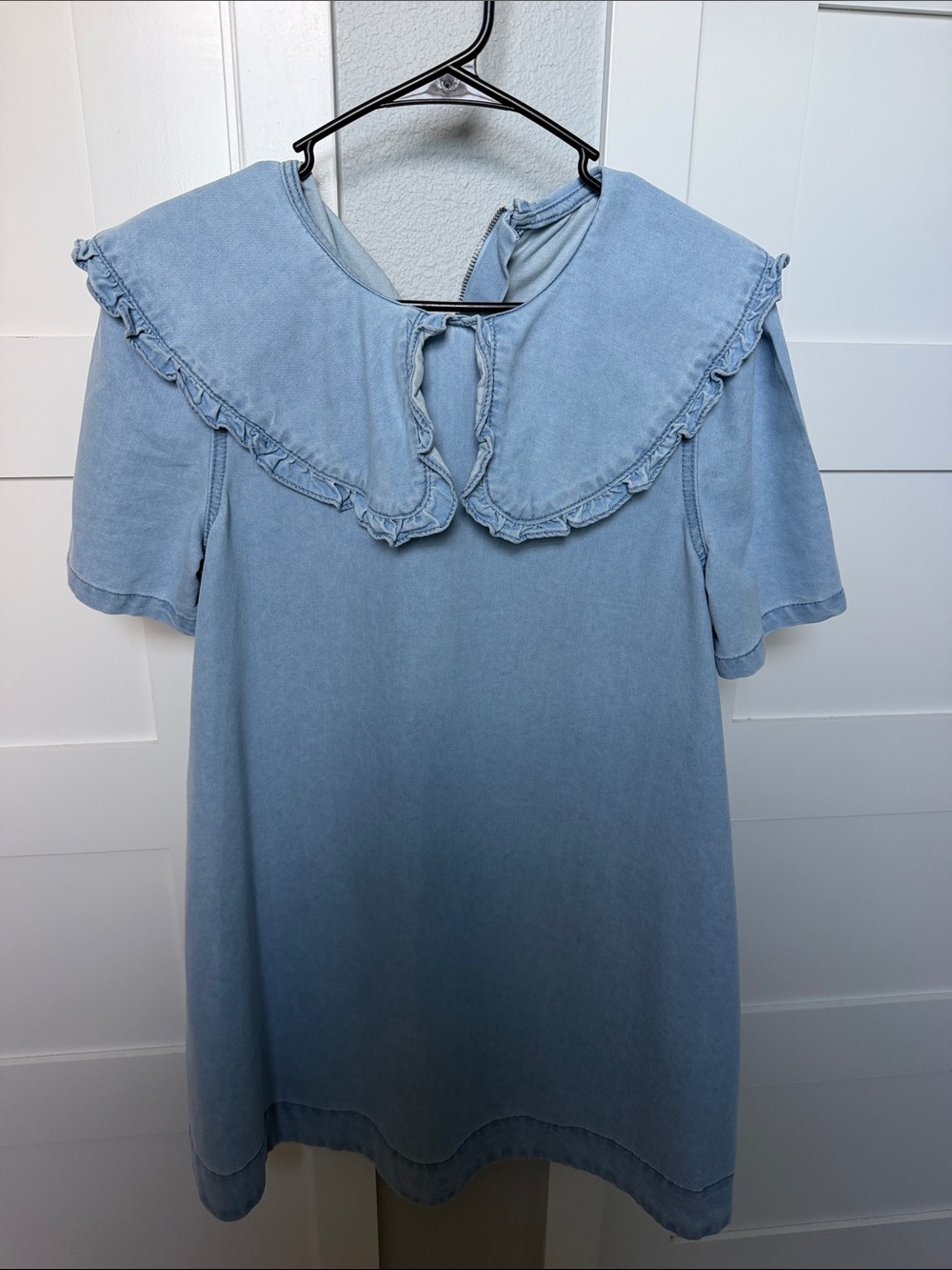 Light Blue Ruffle Collar Tunic Dress - Women's